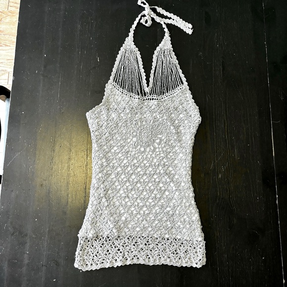 Ricki's Metallic Silver/Cream Lined Crocheted Halter Neck Style Top Size Small - Picture 1 of 16